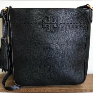Tory Burch Black Pebbled Leather Crossbody Bag with Tassel